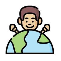 A boy sitting on top of the earth with his arms up vector