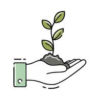 hand holding a plant with a green leaf vector