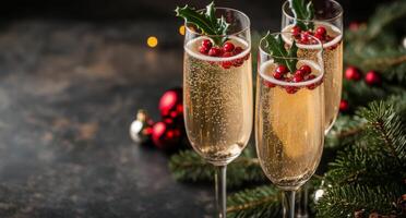 Elegant Christmas champagne with berries and holly in glasses on festive table setting photo