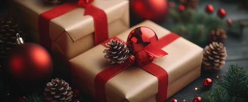 Festively wrapped gifts with red accents and pinecones on a wooden surface for the holidays photo