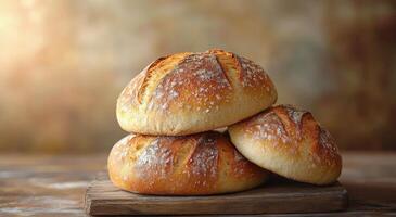 Freshly baked artisanal bread loaves resting on a wooden board in warm sunset light photo