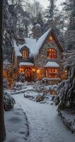 Charming stone cottage illuminated by warm lights in a snowy winter landscape at twilight photo
