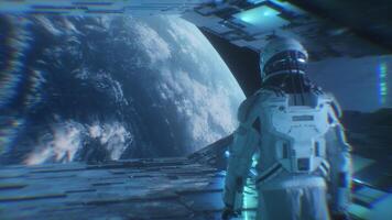 Astronaut Walking in Sci-Fi Tunnel with Neon Glowing Lights and Planet Earth View video