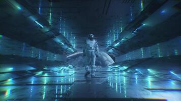 Astronaut Walking in Sci-Fi Neon Glowing Tunnel with Planet Earth View video