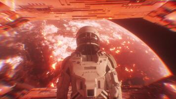 Astronaut Walking In Sci-Fi Tunnel with view on Apocalyptic Burning Planet Earth video