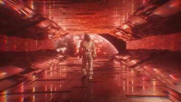Astronaut Walking In Sci Fi Neon Glowing Tunnel with view on Apocalyptic Burning Planet Earth video