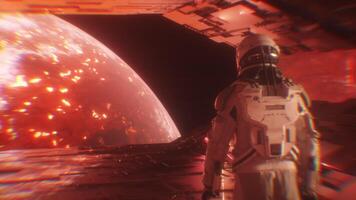 Astronaut Walking In Tunnel with view on Apocalyptic Burning Planet Earth Loop video