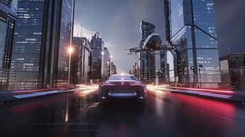 Futuristic Car Riding on Endless Road with Skyscrapers Cinematic Background Loop video