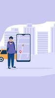 Hands With Smartphone And Taxi Application, City Silhouette With Skyscrapers And Tower On Vertical 2D Cartoon Animation video