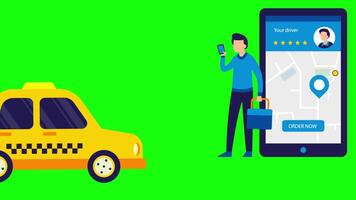 Hands With Smartphone And Taxi Application, City Silhouette With Skyscrapers And Tower On Greenscreen Background 2D Cartoon Animation video