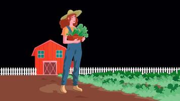 Female Farmer Holding A Fruit And Vegetable Basket On Alpha Channel 2D Cartoon Animation video