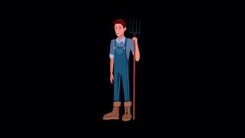 Farmer Standing In Field With Tool In Hand On Alpha Channel 2D Cartoon Animation video