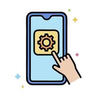a hand pressing a button on a phone with gears on it vector