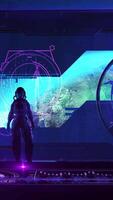 Astronaut of the future on his ship in orbit of the planet, 3D render video