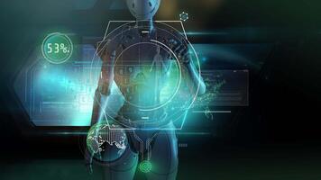 The alien is studying the data set about the man, 3D render. video