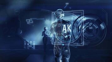 Astronaut working with artificial intelligence at the station. 3D render video