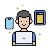 a man with a laptop and phone in front of him vector