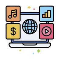 an icon of a laptop with music, music, and other icons vector