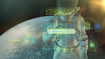 An astronaut examines an array of coded data, 3D render. video