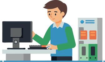 Illustration of a man working on a computer in an office setting with file cabinets vector