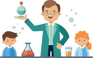 Cartoon scientist with children conducting experiment in lab setting vector