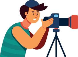 Illustration of a man taking a photo with a camera on tripod vector