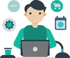 Illustration of a person working on a laptop with various icons for business and technology vector