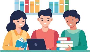 Group of students studying together with books and laptop in library vector