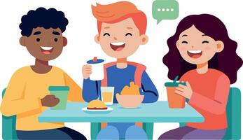 Happy friends enjoying time together at a cafe. Friends laughing and having a good time over food and drinks. vector