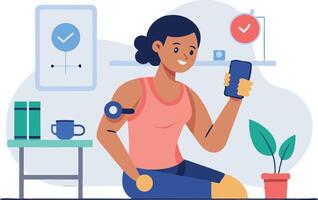 Woman checking fitness app on smartphone while taking a break from exercise vector