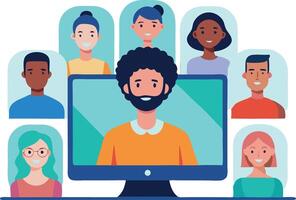 Illustration of a diverse group of people connecting via conference call vector