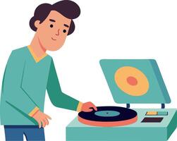Man enjoying music with vinyl record player, retro music concept vector