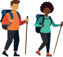 Animated hikers on a trekking adventure with backpacks and hiking sticks vector