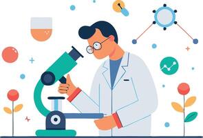 Scientist using microscope for research in laboratory with scientific elements illustration vector