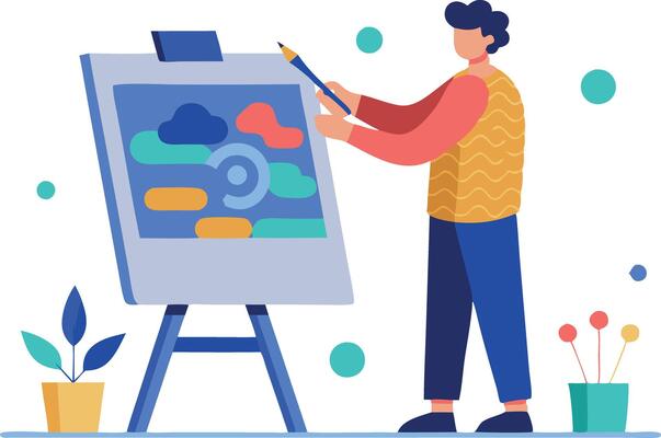 Person painting on easel in creative modern art studio. Colorful artwork and creative process