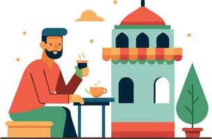 A man enjoying coffee at an outdoor cafe with a colorful building and tree vector