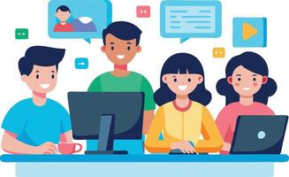 Illustration of young team collaborating on a project with computers and social media icons vector