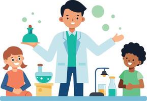 Science teacher showing experiment to excited students in classroom setting vector