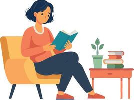 Woman reading a book in a cozy chair with a stack of books and a plant on a side table vector