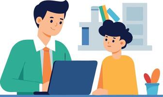 Father and son using laptop for online learning and bonding together at home vector