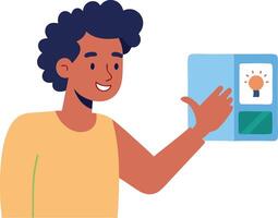 Smiling person presenting a creative idea on a tablet or screen vector
