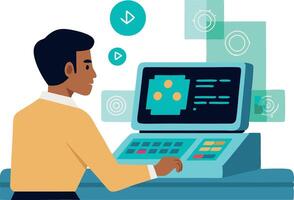 Illustration of a man working at a computer with futuristic elements and interface vector