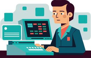 Illustration of a focused professional working at a computer in a modern office setting vector