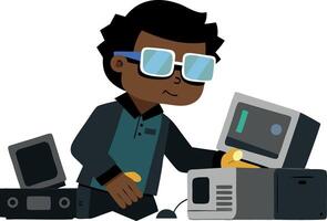 Cartoon illustration of a young programmer working with vintage computers and technology vector