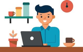 Illustration of a man working on a laptop at a desk in a cozy home office setup vector