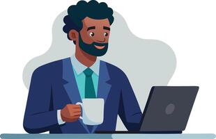 Smiling businessman working on laptop with coffee, concept of productivity, professional work, and relaxation vector