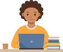 Young person working on a laptop with books and coffee on the desk in flat style vector