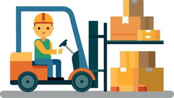 Illustration of worker driving forklift and moving boxes in warehouse setting vector