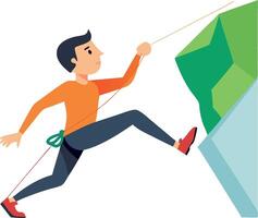 Illustration of a man rock climbing with safety rope and gear on a steep cliff vector