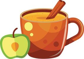 Illustration of a hot apple cider in a mug with a cinnamon stick and a green apple vector